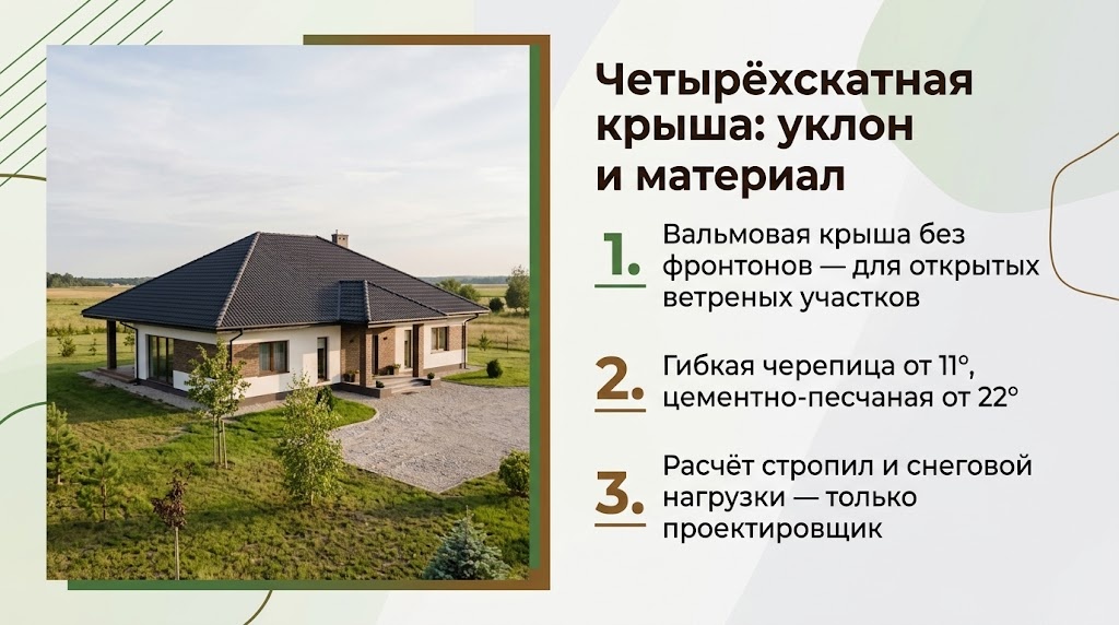 Четырёхскатная крыша: уклон и материал