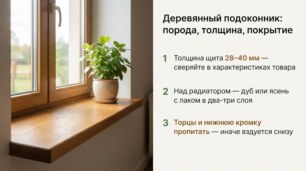 Деревянный подоконник: порода, толщина, покрытие
